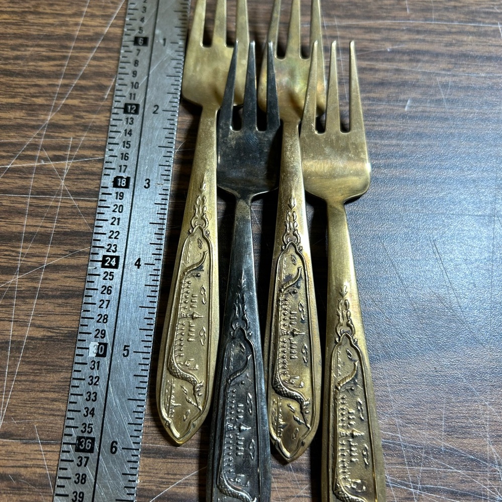 Vintage Brass Flatware Dragon Viking Ship Design Set of 4 Cocktail Shrimp Forks